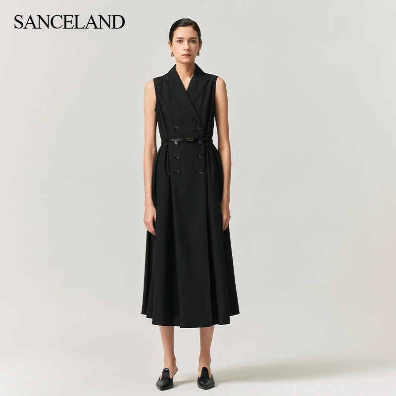 SANCELAND/三石一澜夏X型丝棉戗驳领无袖连衣裙附皮带SI24104073