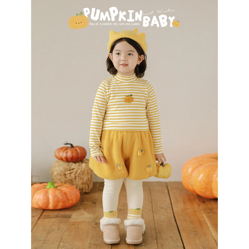 幼悠女童半高领南瓜条纹长袖T恤宝宝衣服秋冬款儿童潮牌服装D3732