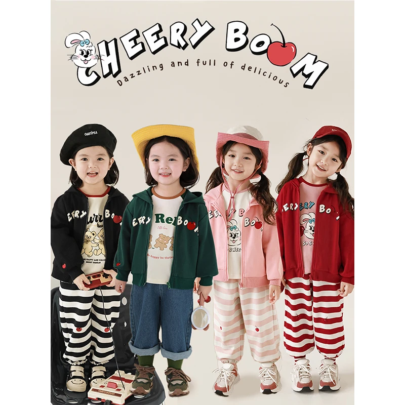 幼悠女童萌趣印花卫衣秋季元气可爱樱桃刺绣休闲连帽外套潮LC0020