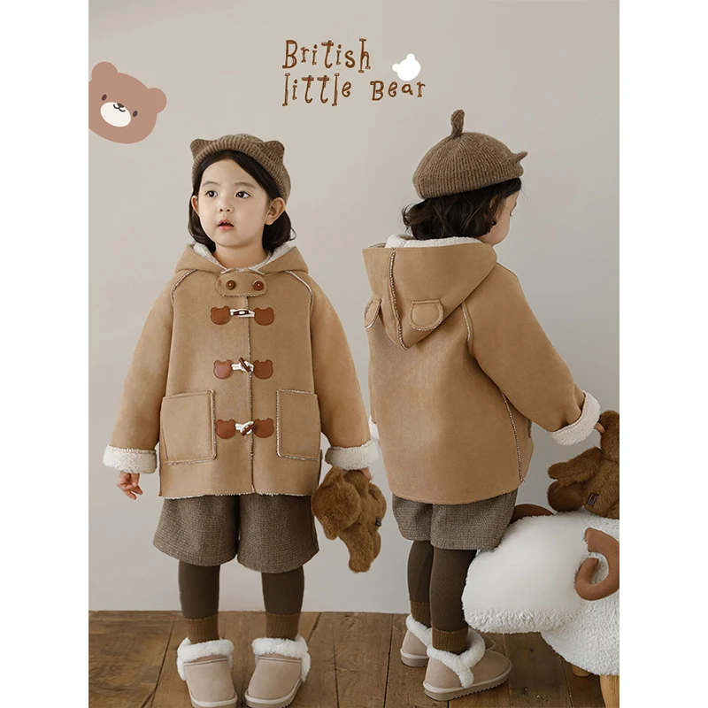 幼悠女童【元气熊】牛角扣熊耳连帽毛绒外套加厚防风保暖外套 D3639