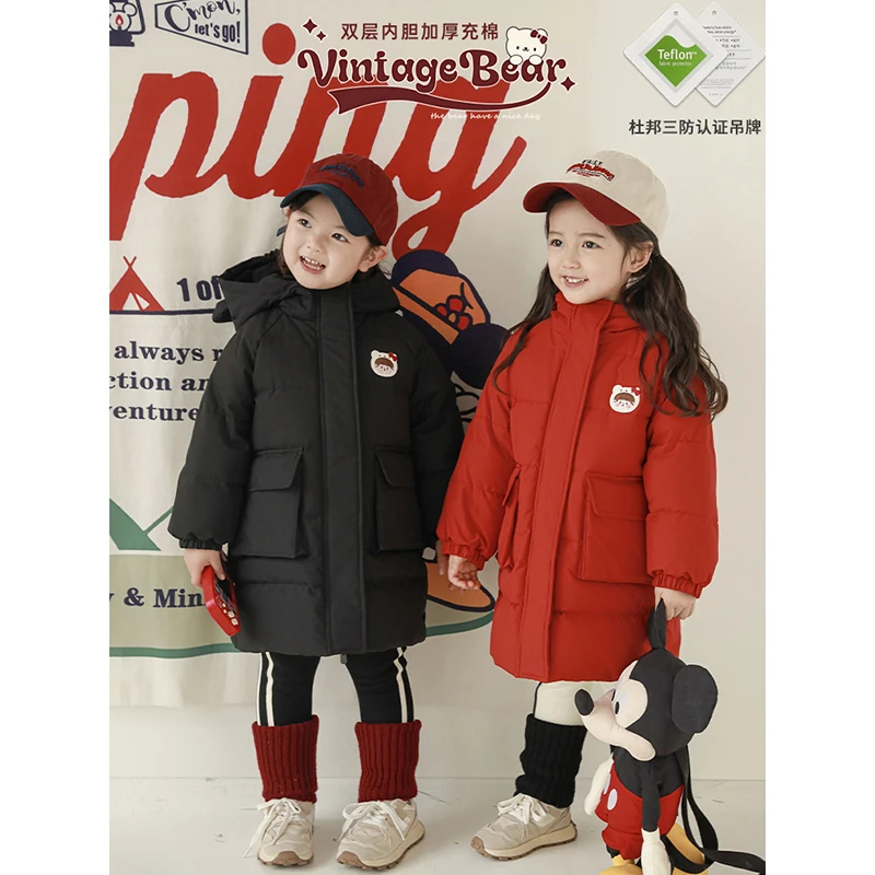 幼悠女童杜邦三防绣标长款保暖棉服冬季小熊耳朵连帽外套LD0083