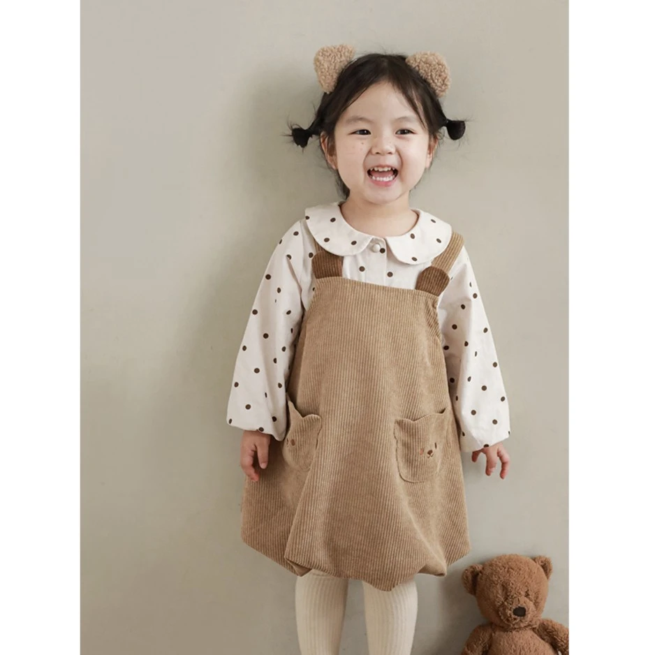 幼悠{奶茶小熊}刺绣口袋女童秋季毛呢花苞裙洋气宝宝背带裙Q2881