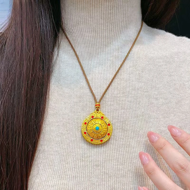 铜合金吊坠 旋转罗盘手工新款精美坠链饰品复古八宝罗盘镶嵌项链