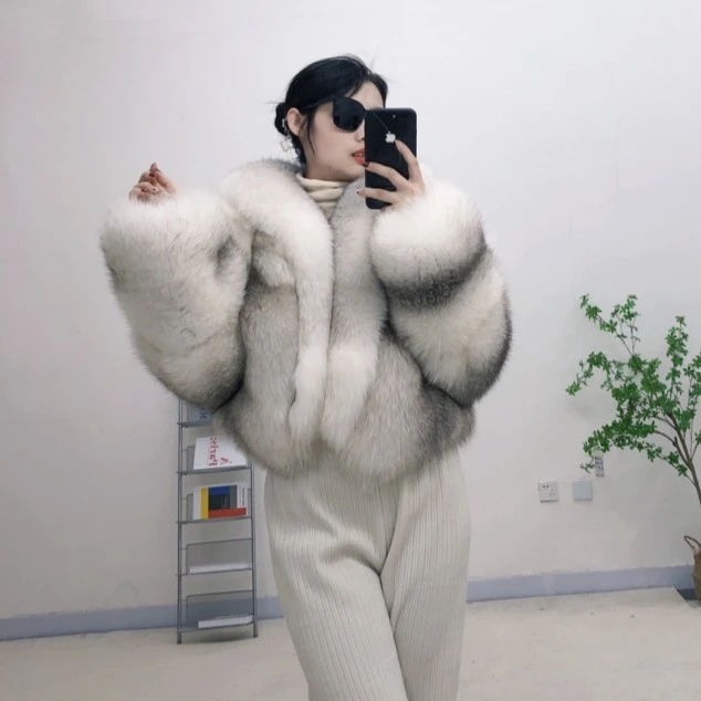 蘭苕进口十字狐狐狸毛整皮皮草外套大领女王短款年轻时尚百搭款