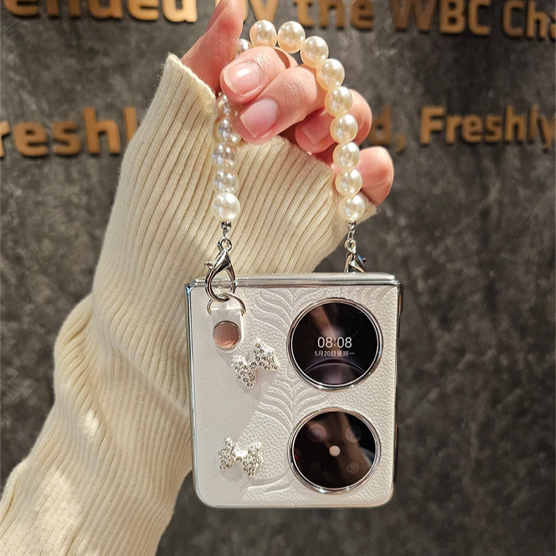 新款闪钻蝴蝶结适用华为pocket2手机壳P50防摔高级压花皮纹手提绳