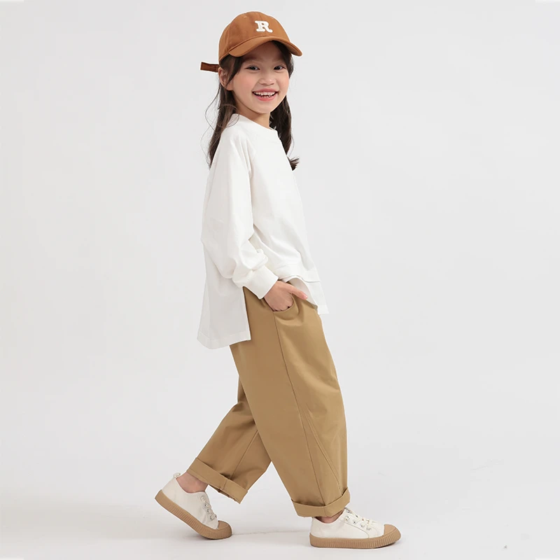 boxboxbox 女童t恤长袖春装洋气宽松百搭白色儿童纯棉圆领打底衫