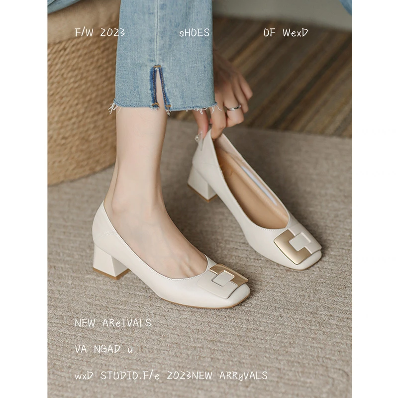 女鞋2024新款秋款方头高跟鞋法式配裙子时尚气质粗跟单鞋晚风爆款