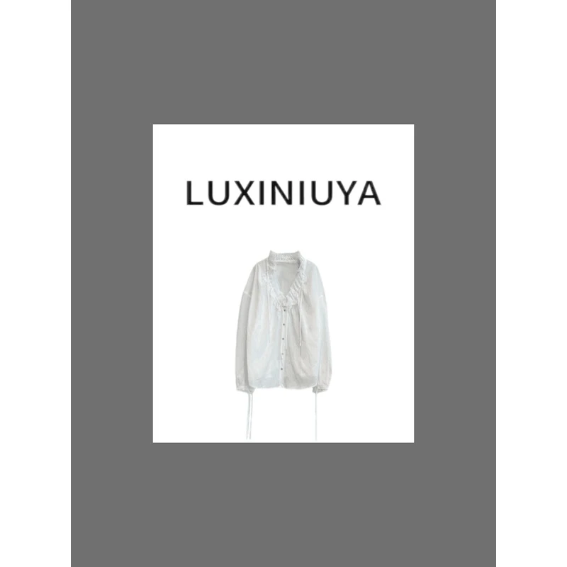 【LUXINIUYA】秋季新款慵懒风荷叶边V领长袖衬衫#CX1535