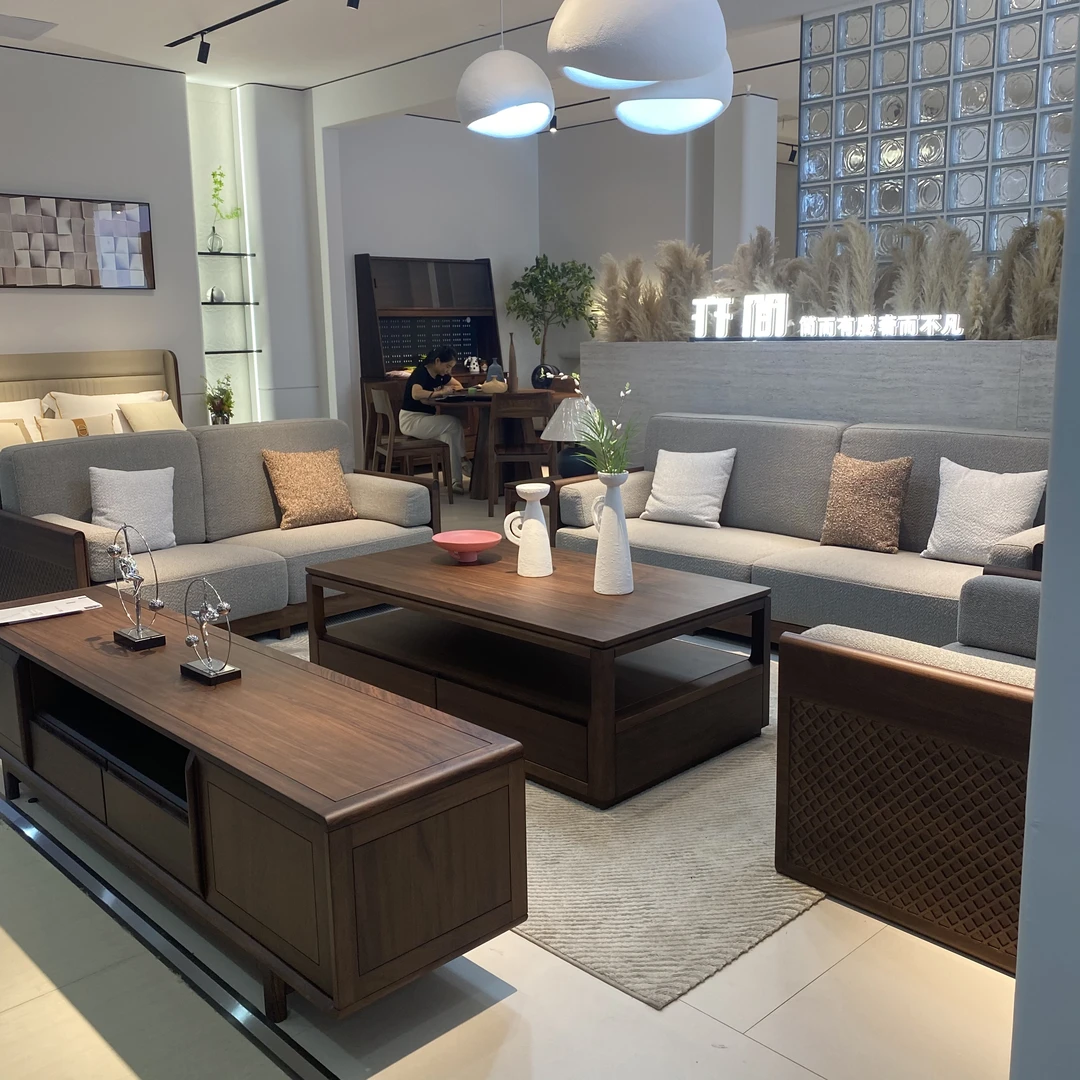 W9903#实木沙发胡桃木沙发转角贵妃布艺现代直排客厅单人位双人位