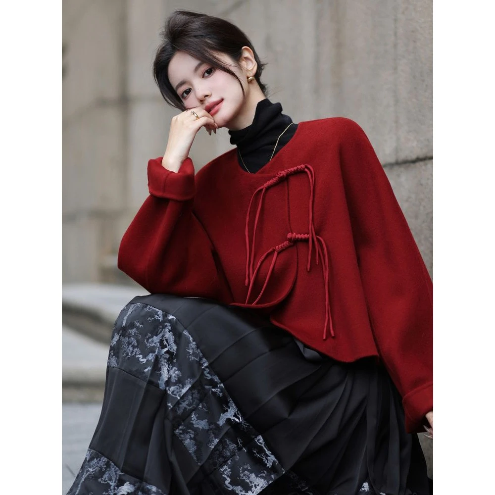 【风回雪】国风名媛大衣冬季新中式纯色盘扣毛呢气质短款外套女士