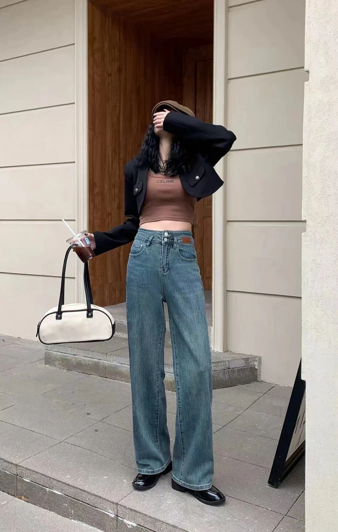 【提臀遮肉显高】推荐春款双扣高腰弹力牛仔阔腿裤