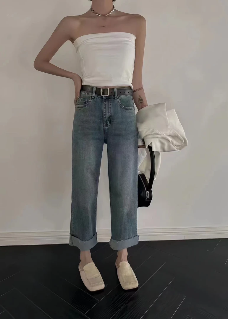 YLL大码直筒阔腿裤高弹软牛仔显瘦小个子卷边九分裤时尚百搭韩版