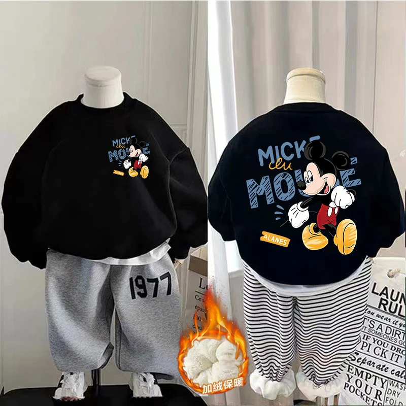 男童秋冬加绒卡通米奇卫衣保暖衫男女宝宝加厚中小童圆领卫衣潮