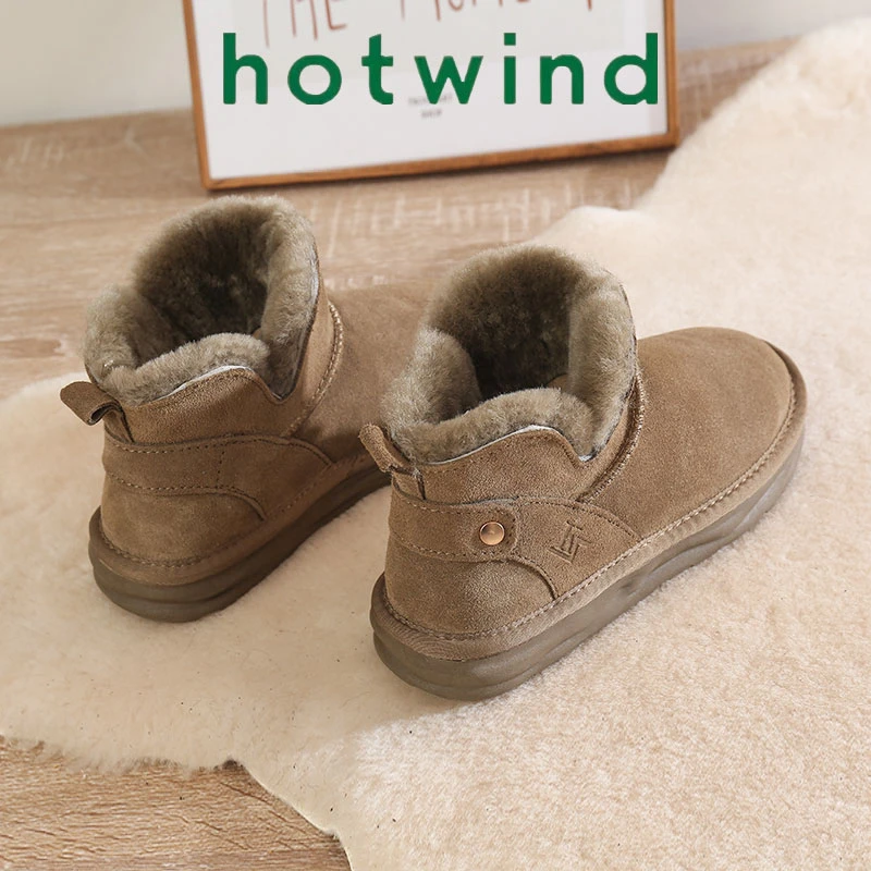 Hotwind/热风平底雪地靴女2024新款冬季加绒短筒低帮防滑保暖棉鞋
