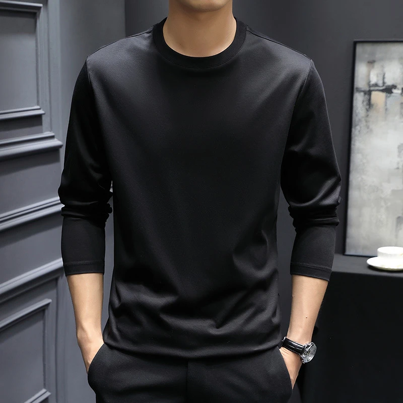 桑蚕丝高级感男款长袖T恤内搭新款圆领黑色休闲爆款薄款打底衫
