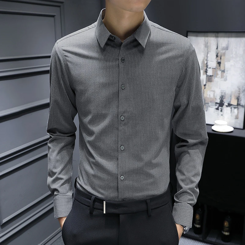 2025新款春秋季男士衬衣高级感灰色条纹长袖衬衫男款商务男装衣服