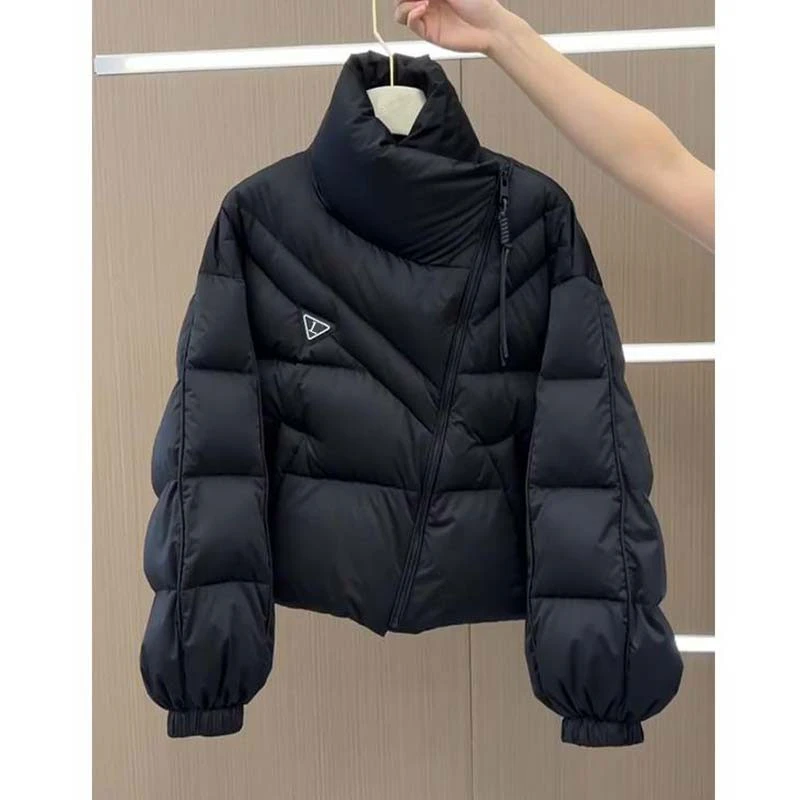 潮流时尚黑色棉服女士2025冬季新款气质高级感不规则拉链加厚外套