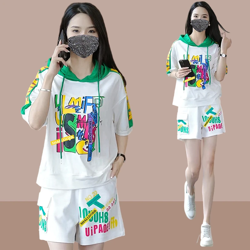 宽松连帽短袖t恤女2025夏季新款时尚高能感爆款短裤休闲运动套装