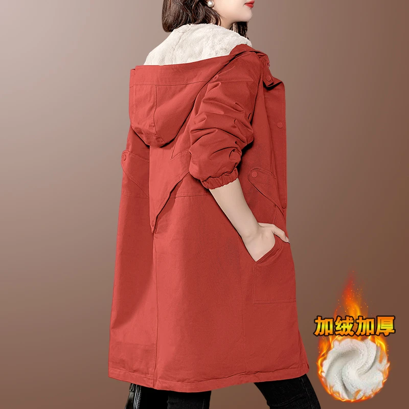 2023秋冬季新款加绒外套女士中长款遮肉显瘦连帽爆款上衣时尚棉衣