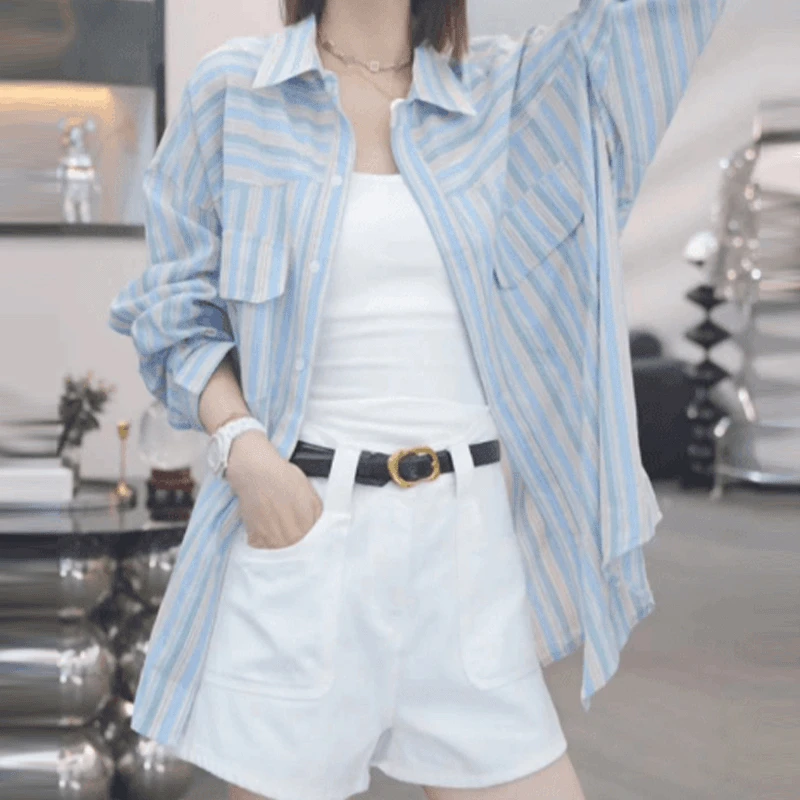 2024春秋新款条纹衬衫女士休闲百搭洋气薄款长袖上衣洋气宽松衬衣