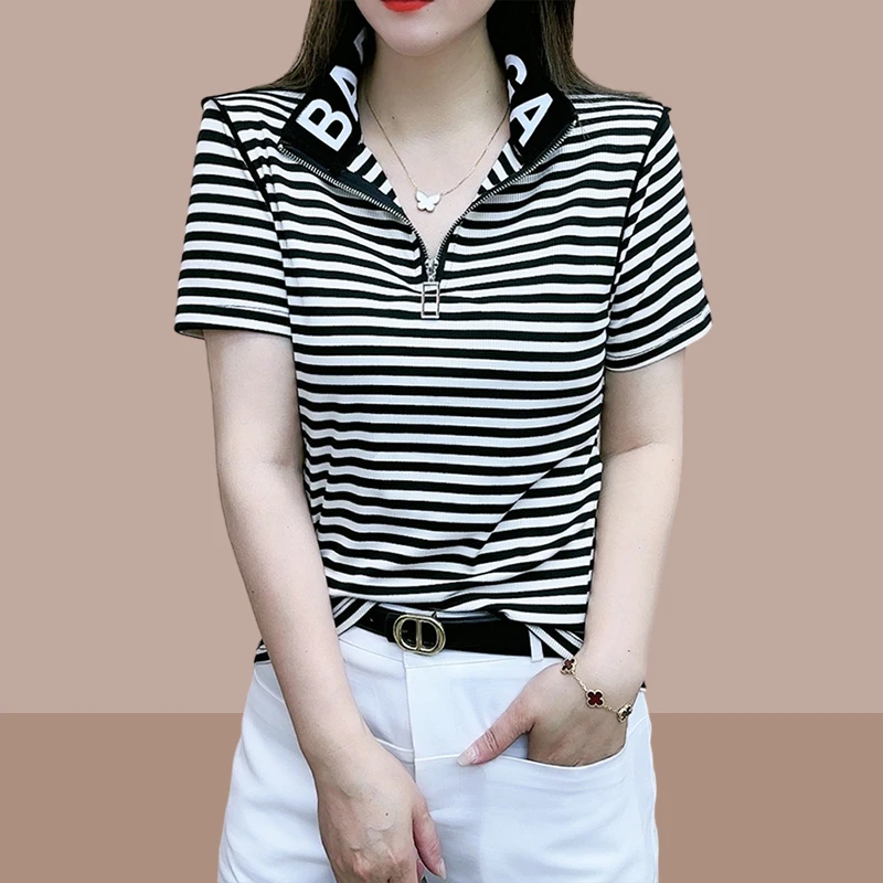 时尚修身显瘦短袖t恤女士洋气爆龄休闲女装立领半拉链小个子上衣