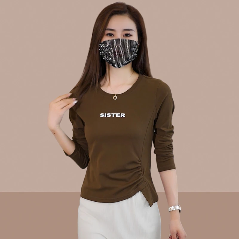 时尚不规则显瘦长袖t恤女士秋季新款圆领百搭上衣修身洋气打底衫