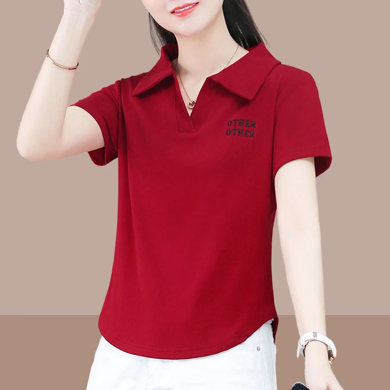 夏季新款翻领时尚休闲短袖t恤女士微胖显瘦女装爆款洋气百搭上衣
