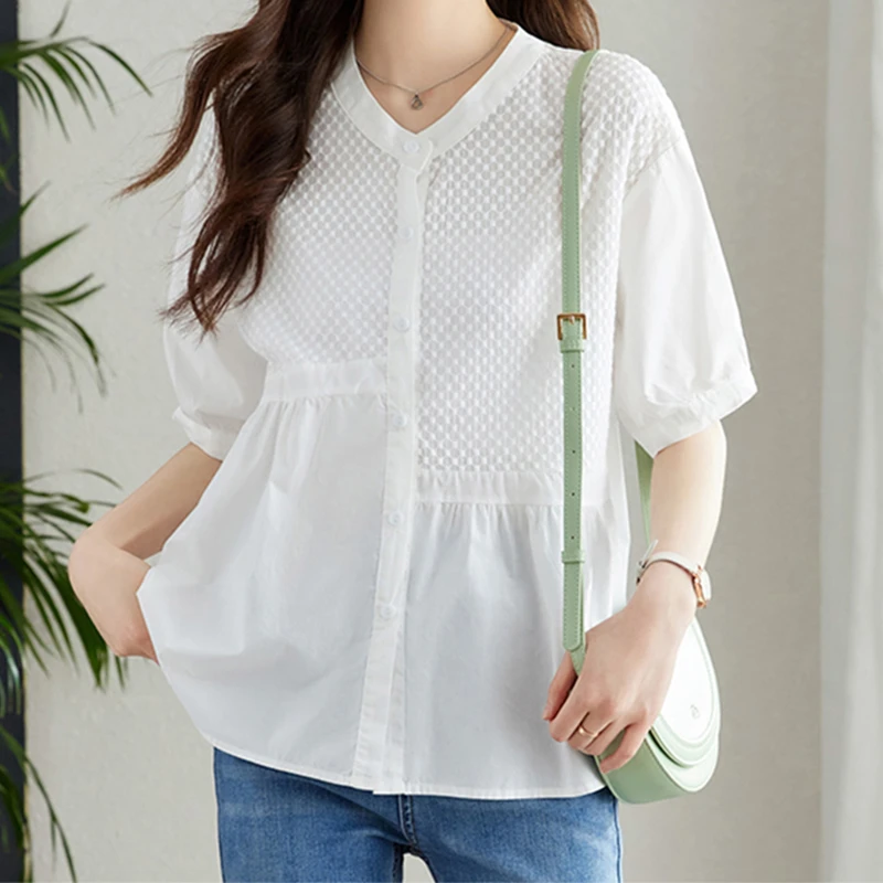 2024夏季新款简约百搭纯色短袖衬衫女不对称设计宽松显瘦纽扣上衣