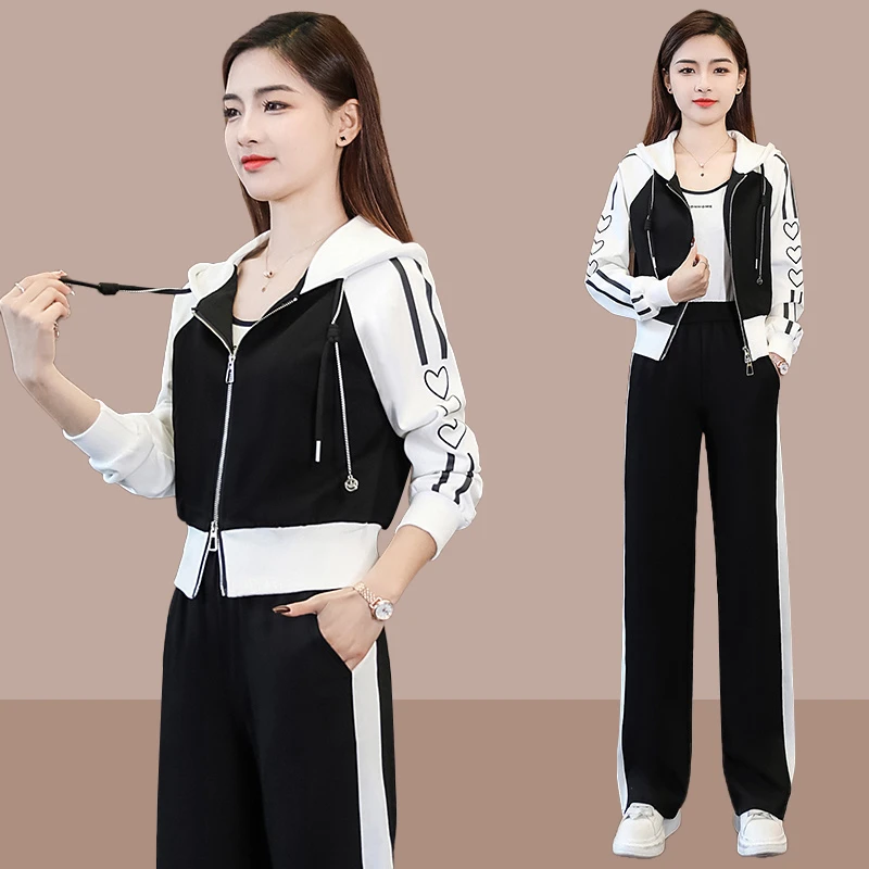 时尚减龄连帽上衣女士2024春秋新款洋气爆款阔腿裤休闲运动两件套