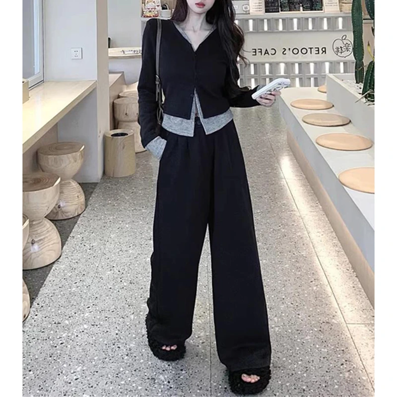 假两件时尚v领针织衫女士2025春秋新款修身洋气百搭显瘦长袖上衣