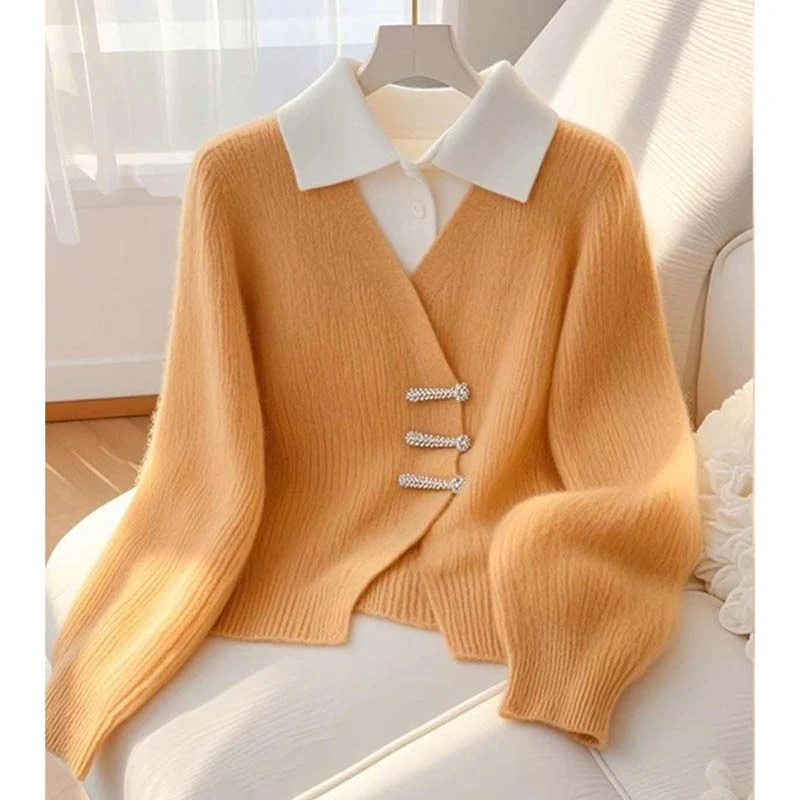 新中式国风假两件盘扣针织衫女2025春秋冬季新款长袖打底毛衣外套