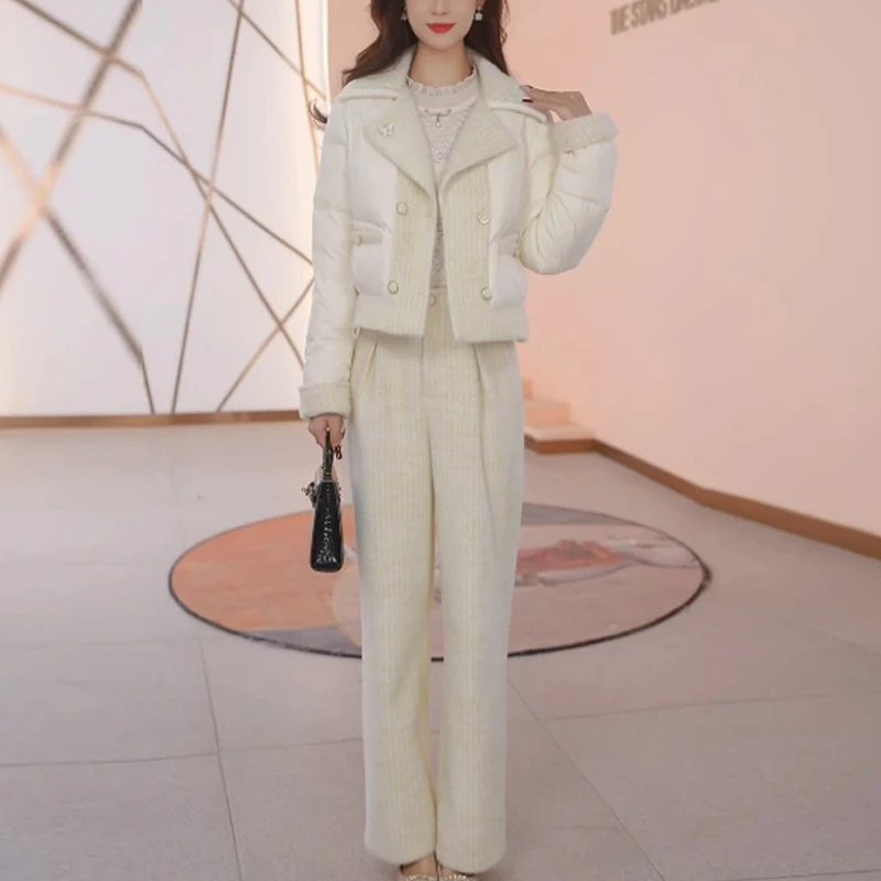 2025秋冬季优雅修身显瘦套装女款收腰洋气棉服直筒裤子时尚两件套