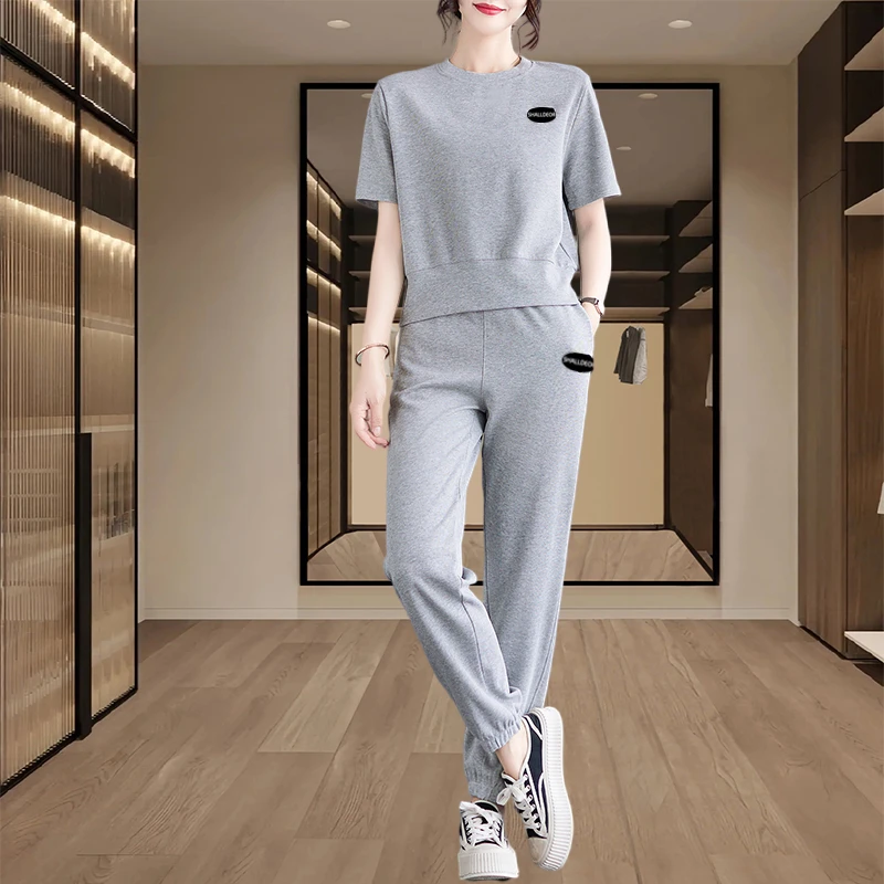 休闲宽松运动套装女士2025夏季新款爆款减龄短袖上衣束脚裤两件套