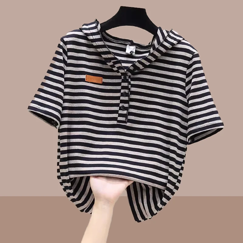 2025连帽短袖t恤胖mm遮肚微胖显瘦大码女装夏季薄款宽松条纹上衣