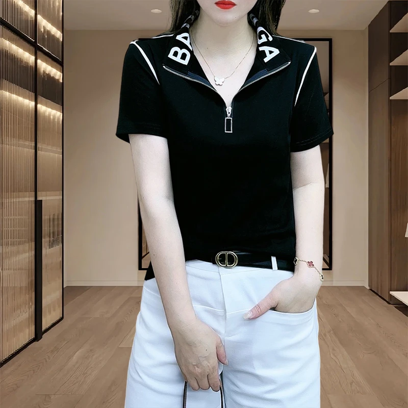 2025夏季新款洋气立领半拉链短袖上衣女士休闲百搭显瘦小个子体恤