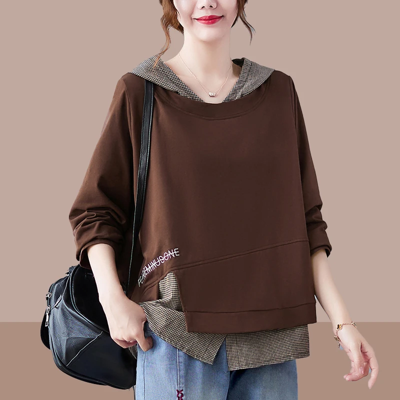 2024年春秋季新款假两件连帽时尚卫衣女士宽松不规则拼接长袖上衣