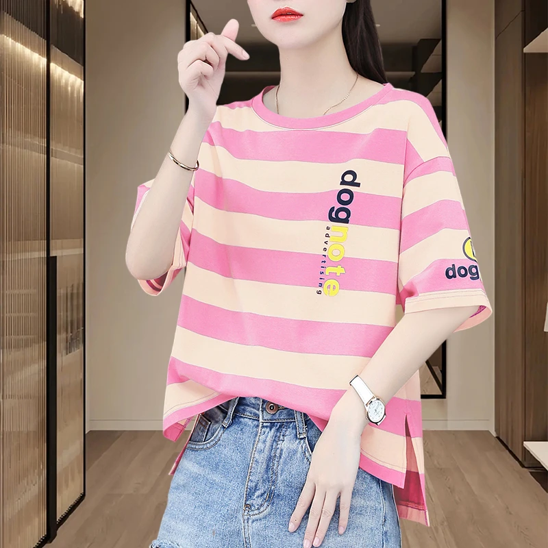 宽松条纹短袖体恤女士2024夏季新款时尚百搭上衣显瘦百搭洋气女装