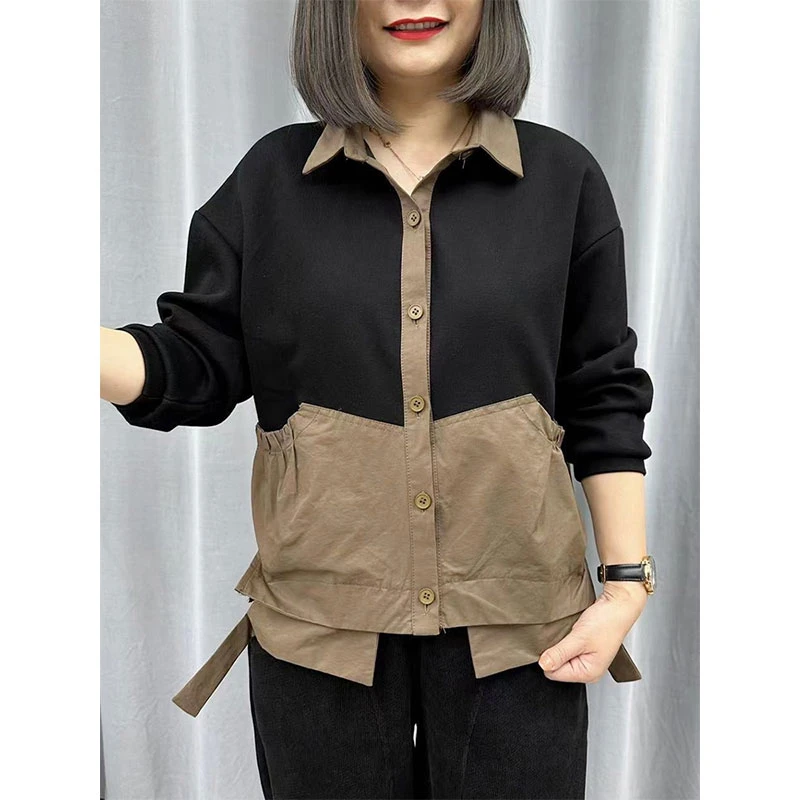 2024春秋新款时尚短款外套女士拼接纯色长袖衬衫减龄宽松百搭上衣
