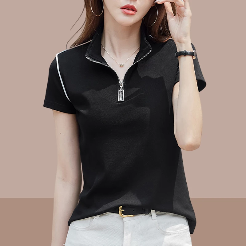 半拉链短袖上衣女士2025夏季新款显瘦立领上衣百搭洋气时尚打底衫