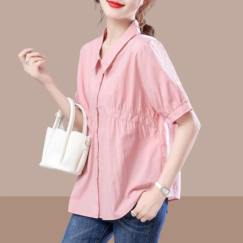 夏季休闲大码宽松显瘦衬衫女款2025新款微胖洋气女装时尚薄款上衣