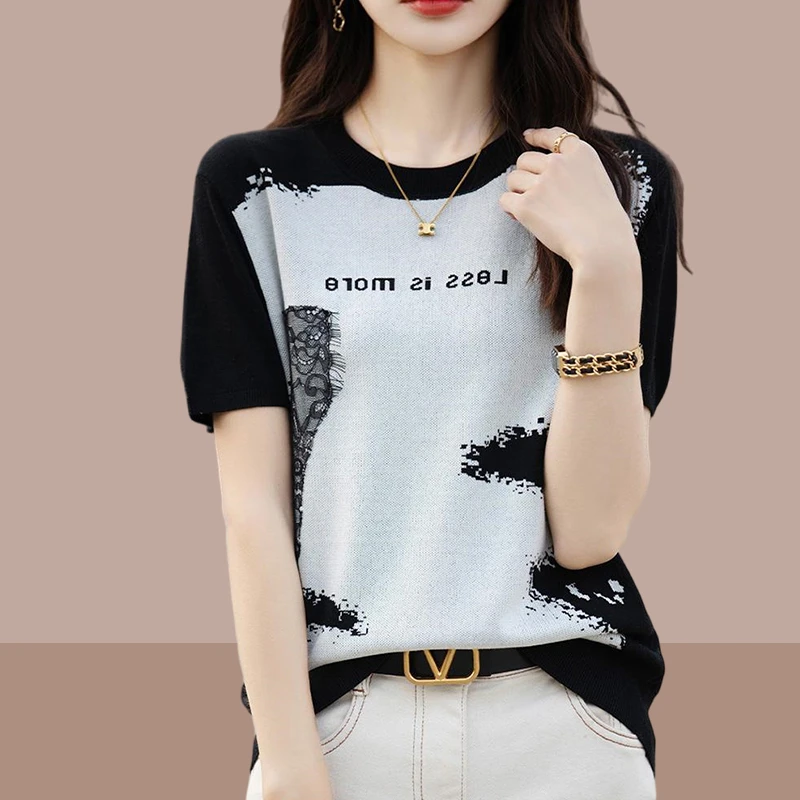 高级感短袖针织衫女士2025夏季新款爆款洋气百搭显瘦上衣休闲女装