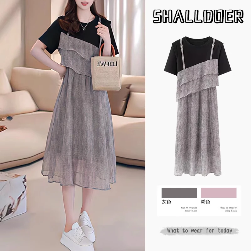 2025年夏季新款休闲宽松减龄连衣裙女士显瘦遮肚假两件洋气a字裙