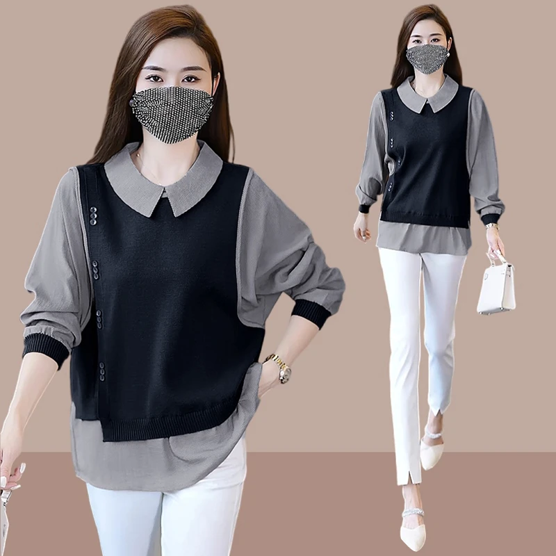 假两件衬衣女士2024春秋新款韩版宽松显瘦针织衫百搭洋气时尚女装