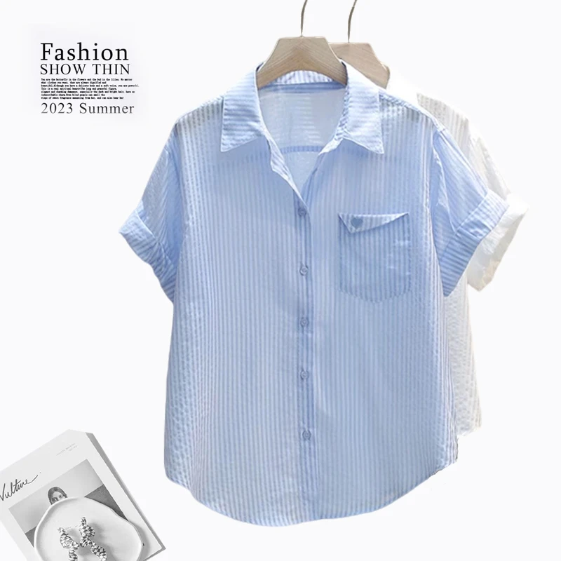 时尚显瘦条纹短袖衬衫女夏季新款洋气宽松POLO领衬衣休闲百搭上衣