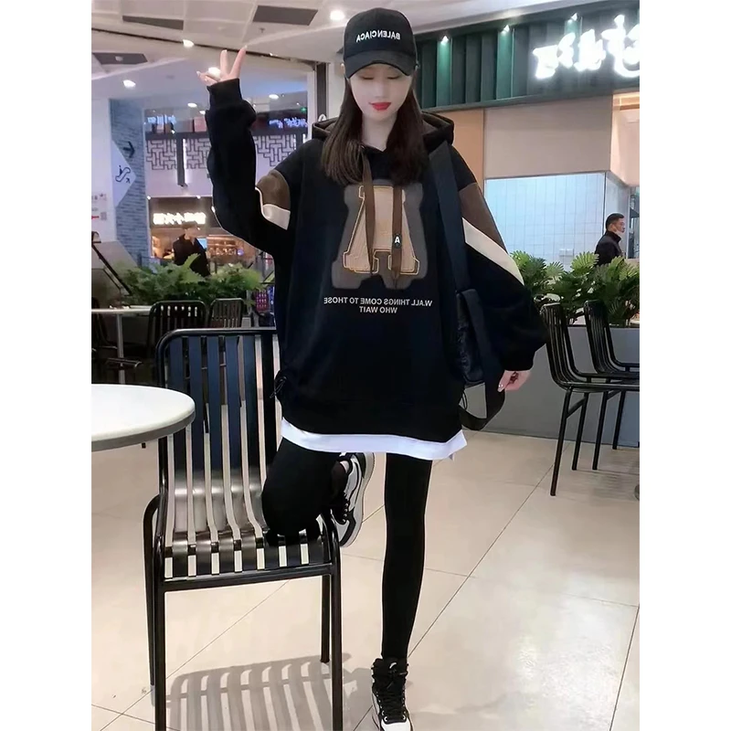 2024春秋新款时尚大码卫衣女士百搭连帽假两件中长款上衣洋气爆款