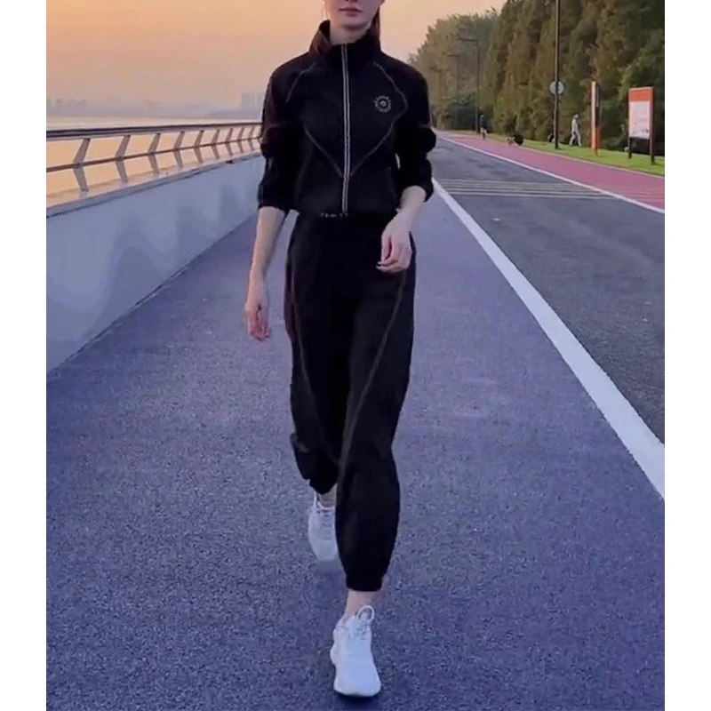 休闲运动套装女士2025春秋季新款跑步骑行长袖开衫上衣长裤两件套