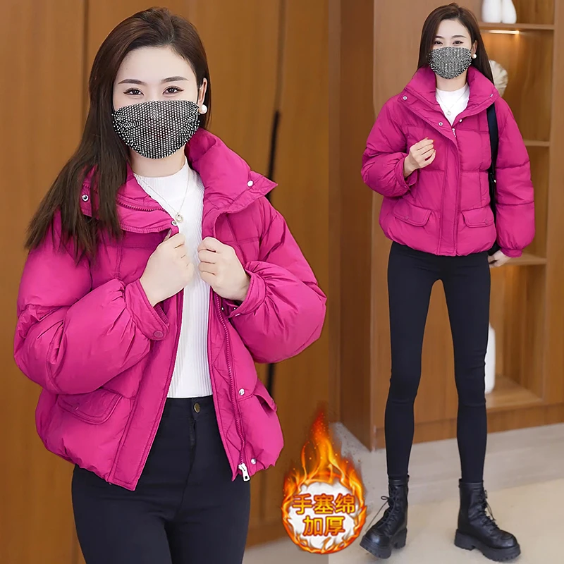 外套秋冬新款爆款大码胖mm流行火龙果色短款夹绵加厚棉衣面包服女