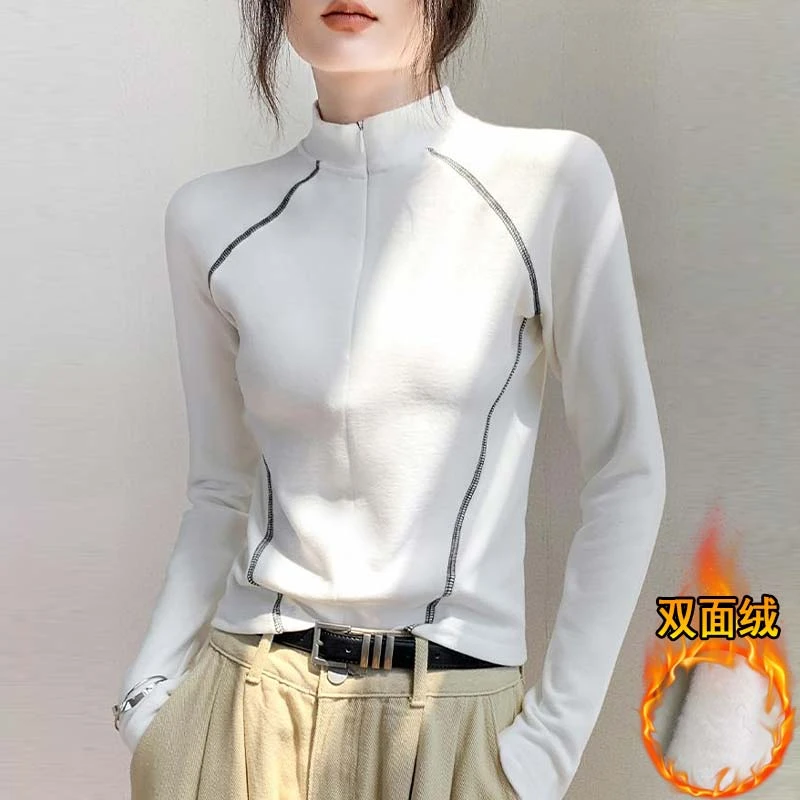 设计感拉链半高领长袖T恤女2024春秋季新款修身内搭保暖打底上衣