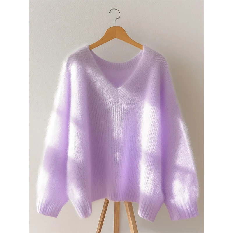 紫色v领软糯毛衣慵懒高级感2025春秋新款宽松大码女装针织衫上衣