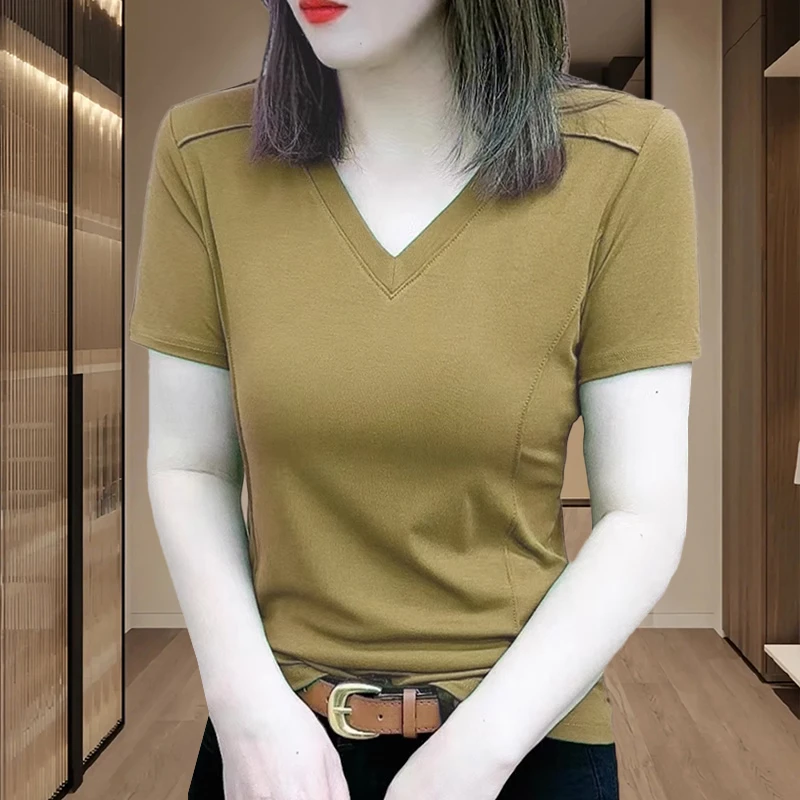 2024夏季新款时尚短袖体恤女士休闲减龄女装修身爆款显瘦百搭上衣